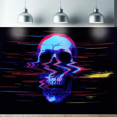 Imagem de Starlit Patio Tapeçaria Glitch Skull Blacklight UV Reactive Wall Hanging Vaporwave Distortion Cyberpunk para quarto dormitório sala de estar brilhante Trippy Horror Decor Pôster fluorescente 192 x 159