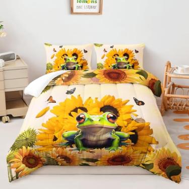 Imagem de AILONEN Conjunto de edredom Queen fofo de sapo verde, 3 peças, com estampa de girassol e borboleta, desenho animado, animal selvagem, decoração de quarto, sapo macio com 2 fronhas