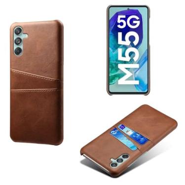 Imagem de Capas Compatível com Samsung Galaxy M55,Caso de couro PU-Tampa de telefone a prova de choque com 2 slots de cartão,Proteção anti-impressão digital e anti-gota-Brown