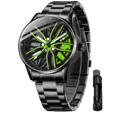 Imagem de Relógio de pulso masculino criativo 3D giratório com roda de carro, design de cubo de aro, moderno, quartzo, elegante, com pulseira de aço inoxidável, presentes para entusiastas de carros, X preto e