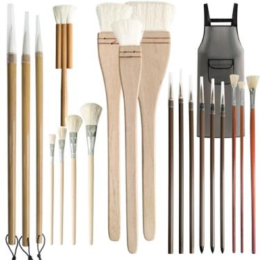Imagem de SUGOOE 20 pincéis de cerâmica para vitrificação, ferramenta de pintura artística de lã de diferentes formas com alças longas de madeira, conjunto de pincéis de cerâmica com avental, adequado para