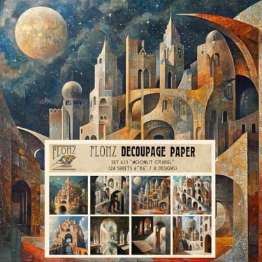 Imagem de Pacote de papel de decoupage (24 folhas 15 x 15 cm) Cidadela iluminada pela lua: arquitetura majestosa de fantasia com portões arqueados, torres de pedra e céus celestiais em um estilo inspirado em