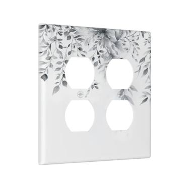 Imagem de Xuejiaku Placa de cobertura para interruptor de luz, cinza, branco, folhas de eucalipto, vintage, floral, 2 peças, placas de parede duplas, placas de interruptor e capas de tomada para decoração de