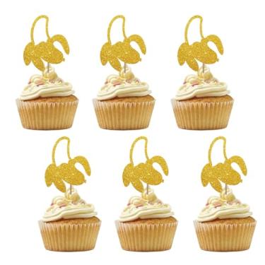 Imagem de Conjunto de 24 topos de cupcake de banana para chá de bebê de frutas, enfeites de cupcake de frutas tropicais com glitter dourado, decorações de bolo de aniversário Bannna para artigos de festa de