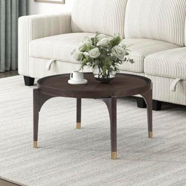 Imagem de Lexicon Mesa de centro redonda de madeira com tampa de metal dourado, 91 cm de diâmetro. Mesa de destaque redonda moderna de madeira de bétula de meados do século para sala de estar contemporânea