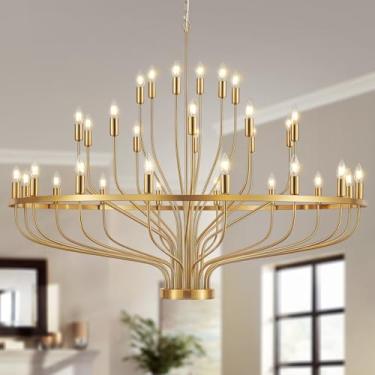 Imagem de Widluth Lustre de ouro grande moderno de 130 cm vintage 32 luzes estilo vela moderna de meados do século lustre luminária vintage rústico dourado para sala de jantar, cozinha, sala de estar, E12
