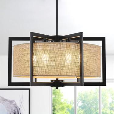 Imagem de ALISADABOY Lustres pretos modernos para sala de jantar 53 cm lustre geométrico contemporâneo de tambor 6 luzes pingente industrial luminária para entrada hall de entrada corredor