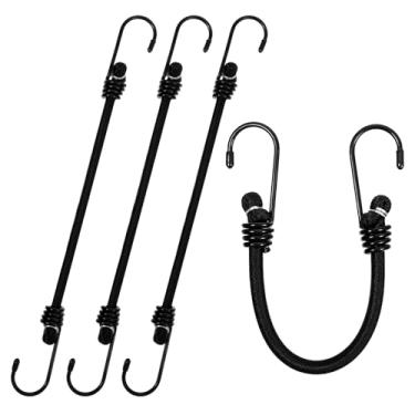 Imagem de Cordões elásticos resistentes de 30,5 cm com ganchos, 4 pacotes de ganchos elásticos de borracha ao ar livre, mini tiras elásticas para prender lonas, tendas, caminhadas, caça, bagagem, barcos (preto)