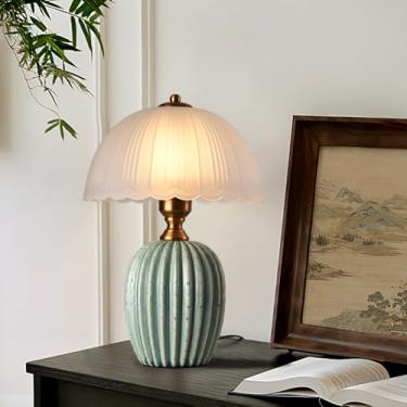 Imagem de Abajur de mesa vintage, abajur chinês de cerâmica verde 37 cm branco fosco com borda ondulada abajur tradicional de cogumelo, luz retrô para cabeceira, sala de estar