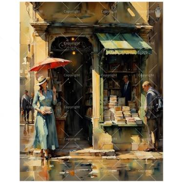 Imagem de Kit de pintura por números de livraria para adultos - DIY mulher com guarda-chuva externo pintura de livraria em tela 40,6 x 50,8 cm, conjunto de tinta acrílica, adequado para iniciantes, decoração de