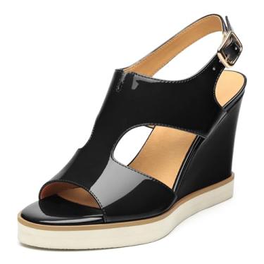 Imagem de Heisnemca Sandálias de cunha para mulheres, bico aberto aberto com salto cunha, sandálias femininas de salto redondo, sapatos casuais de festa de 8 cm, Patente preta, 40