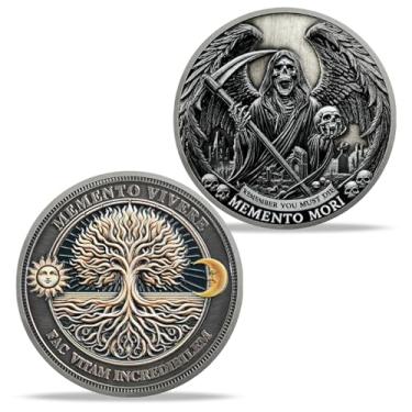 Imagem de Imasoner Memento Mori Challenge Coin – Grim Reaper & Tree of Life Token – Remember You Must Die & Memento Vivere Inspirational Philosophy Coin – Stoic Death Awareness Gift