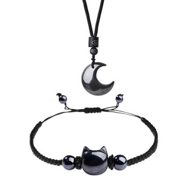 Imagem de Pulseira de gato hematita e colar com pingente de lua, conjunto de joias, presentes para amantes de gatos, atração de riqueza, boa sorte, pulseira de contas, pulseiras de contas, colar com pingente de