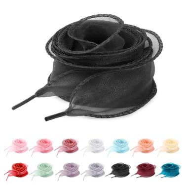 Imagem de UamGlsob Cadarços de seda de organza extravagantes de 4 cm para tênis femininos, lindos cadarços de fita de cetim transparente, cordões de fio de substituição, Preto, 54"/140cm