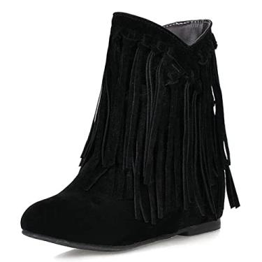 Imagem de KiutSymo Botas femininas com franja no tornozelo, bico redondo, panturrilha, larga, borla, casual, oculta, salto anabela, botas no tornozelo para o inverno, Preto, 36