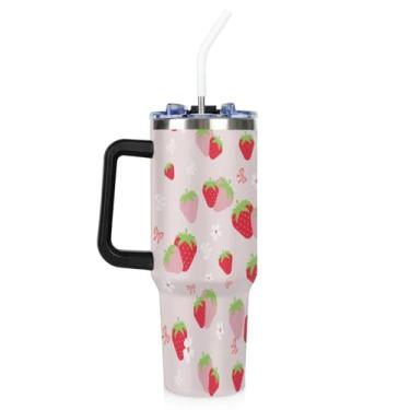 Imagem de Garrafa de água de 1,134 g com canudo, copo de aço inoxidável de flores de morango com alça, copos térmicos para bebidas frias e quentes, copo refrigerador reutilizável, presente para adolescentes