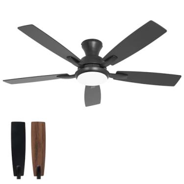 Imagem de revoici Ventiladores de teto de perfil baixo de 132 cm com luz e controle remoto, ventilador de teto com luzes reversíveis, luzes reguláveis, ventilador de teto preto para sala de estar, quarto