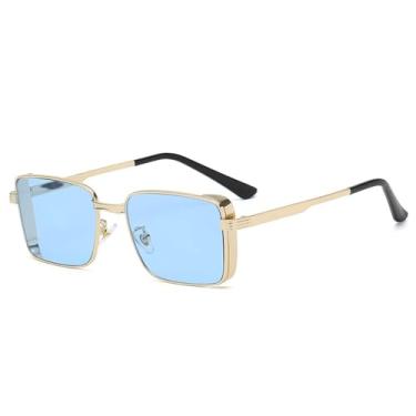 Imagem de Óculos de sol steampunk clássicos masculinos e femininos, retrô, retangular, punk, armação de metal, UV400, azul, 149 mm