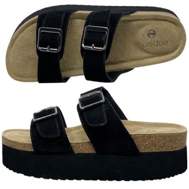 Imagem de SOBEYO Sandálias Femininas Com Palmilha De Cortiça, Plataforma, Camurça Vaca, Tiras Duplas, Fivelas, Slip-On, Flatform, Chinelos Confortáveis, Pretos, Tamanho 8/39