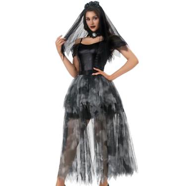 Imagem de EHSUYAB Fantasia feminina de Halloween, fantasia assustadora de zumbi morto, vestido de fantasma, cosplay, preto, GG