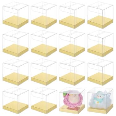 Imagem de BENECREAT 30 caixas de presente transparentes, caixas dobráveis de PVC de 6 x 6 x 6 cm com base de cartão de papel dourado para embalagem de presente de festa de aniversário de casamento