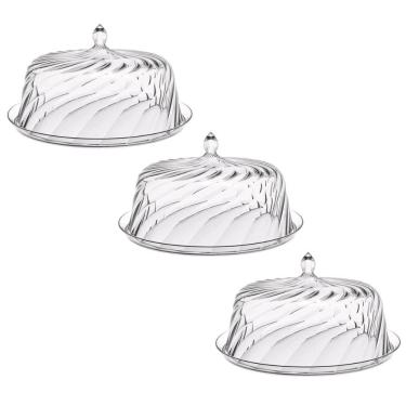 Imagem de Kit 3 Porta Bolos Tortas Doces 25cm Transparente Glassy com Cúpula Crippa Hotel Padaria