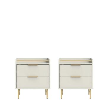 Imagem de Conjunto 2 Mesas de Cabeceira 2 Gavetas com LED Yves 53 cm - Off White Fosco c/ Dourado