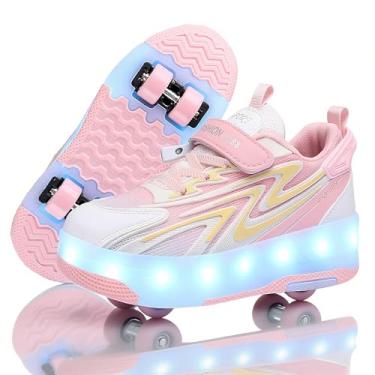 Imagem de Ylllu Tênis infantil atualizado de patins de 4 rodas com LED recarregável por USB e carregador moderno para meninas, meninos e crianças, Rosa - 4 rodas-a-2, 12 Narrow Little Kid