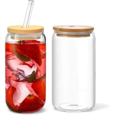 Imagem de 1 Copo de Vidro Lata 570ml com Tampa de Bambu e Canudo Reutilizável – Premium, Resistente ao Calor, Ideal para Drinks, Caipirinhas, Sucos, Refrigerantes e Café