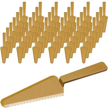 Imagem de Suclain Cortador de bolo descartável de plástico de 23 cm, espátula de plástico para cortar torta, pizza e pastelaria, utensílios de servir para cozinha e casamento (ouro, 50 peças)