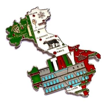 Imagem de Imã Geladeira Italia de Metal com Mapa, Bandeira e Símbolos Roma Veneza Milão