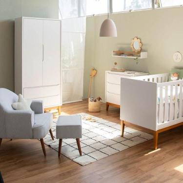 Imagem de Kit Quarto Theo com Pés Square Mel - Berço + Cômoda 3 Gavetas + Guarda