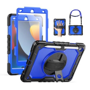Imagem de SEYMAC Capa para iPad 9ª/8ª/7ª geração 10,2 polegadas 2021-2019, capa protetora resistente à prova de choque com protetor de tela, suporte giratório/alça de ombro para iPad 10.2, preto/azul