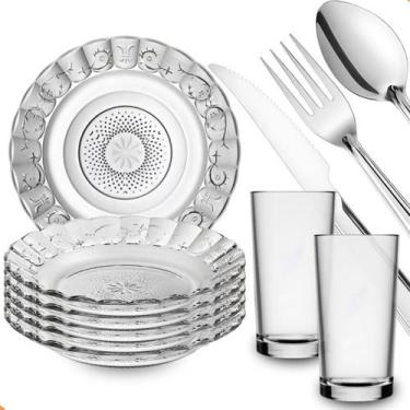 Imagem de Jogo De Pratos Fundos E Copos C/30 Peças Aparelho de Jantar Em Vidro C