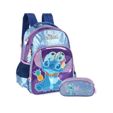 Imagem de Kit Mochila Costas Estojo Triplo Stitch Disney Escolar Kids, Violeta
