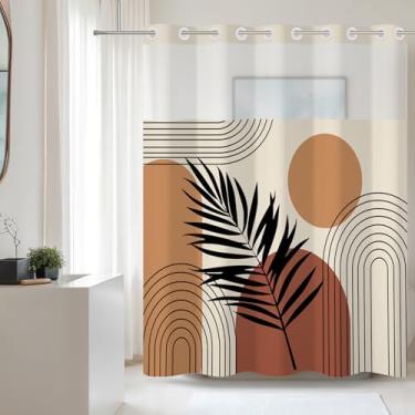 Imagem de Baocicco Cortinas de chuveiro estilo boho sem gancho, com janela superior de malha, plantas listradas, boêmias, tecido impermeável, cortinas de banheiro modernas de meados do século, cortina de banho