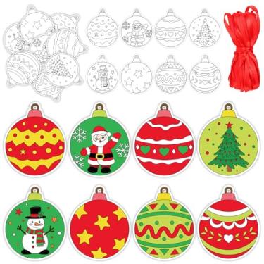 Imagem de Whaline 80 peças de papel para colorir seu próprio cartão de Natal, artesanato para crianças, faça você mesmo, bola de Natal sortidos, etiqueta pendurada em branco com fita para artesanato, férias