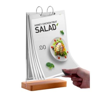 Imagem de Suporte de placa de acrílico flip A4 de 6 páginas, suporte de mesa transparente para exibição dupla, suporte de menu tipo "T" de madeira, exibição de 12 lados, papelão, loja, varejo, feira, feira