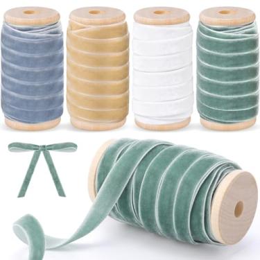 Imagem de Chuangdi Conjunto de fitas de veludo de Natal com 4 rolos de 3/20.3 cm vintage com acabamento em tecido de carretel de madeira para embrulho de presente de Natal, decoração de guirlanda, enfeites de