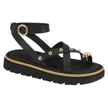 Imagem de Sandália Rasteira Moleca Feminina Com Tiras E Detalhes Dourados Preto,