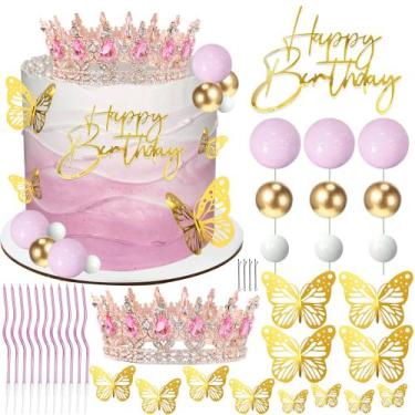 Imagem de Cake Topper AMZVALU Crown com bolas de feliz aniversário em ouro rosa