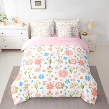 Imagem de Conjunto de cama floral Groovy, 7 peças, tamanho casal, botânico, com lençol com tema da natureza, lençol com edredom, lençóis, fronhas e capa de almofada, macio para todas as estações