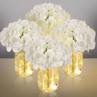 Imagem de Juinte 4 conjuntos de potes de pedreiro com luzes brancas de hortênsia branca, vasos de pedreiro decorativos, flores e centros de mesa, vaso de fazenda de LED para decoração de festa de casamento em