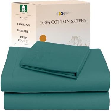 Imagem de California Design Den Conjunto de lençóis de solteiro 100% algodão natural, GG - tecido acetinado macio, conjunto de lençóis de solteiro GG com bolsos profundos, roupa de cama respirável, refrescante