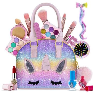Imagem de Kit de maquiagem Beayuck Kids para menina com bolsa unicórnio de 3 a 1