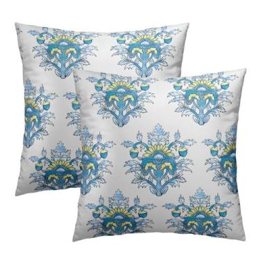 Imagem de Capa de almofada Kawani azul/amarela com flores de 50 x 50 cm, pacote 