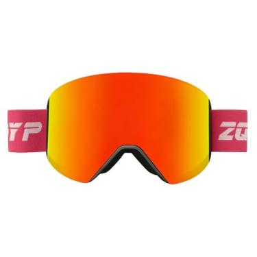 Imagem de YMTSGEQ Óculos de esqui OTG, óculos de neve sem moldura para homens e mulheres, lentes magnéticas intercambiáveis, 100% de proteção UV (armação branca com alça rosa - lente vermelha profunda Revo (Vlt