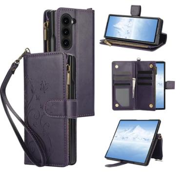 Imagem de Capa carteira para Samsung Galaxy Z Fold5, bloqueio RFID, 6 compartimentos para cartão + bolso com zíper, suporte, alça de pulso destacável, TPU de couro PU à prova de choque, estampa de flor de