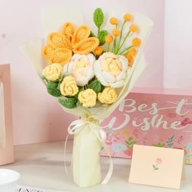 Imagem de ZHIYUXI Buquê de flores de crochê, presentes amarelos para mulheres, professora, mãe, esposa, fio feito à mão, rosas e tulipas, flores eternas para decoração de casa, casamento, aniversário