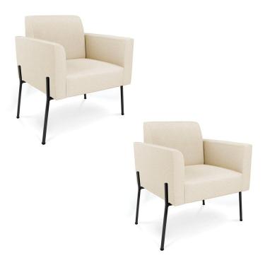 Imagem de Poltrona Pé De Ferro Preto Kit 2 Decorativa Marisa Linho Bege D03 - D'rossi